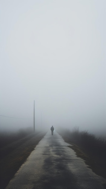 uma pessoa andando por uma estrada no meio do nevoeiro