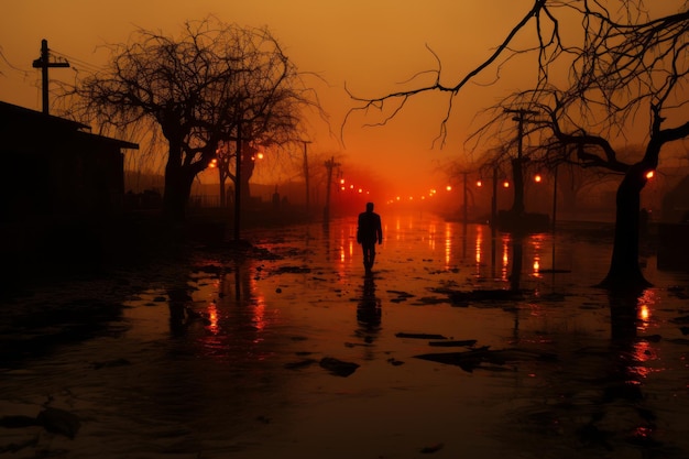 uma pessoa andando por uma rua inundada à noite