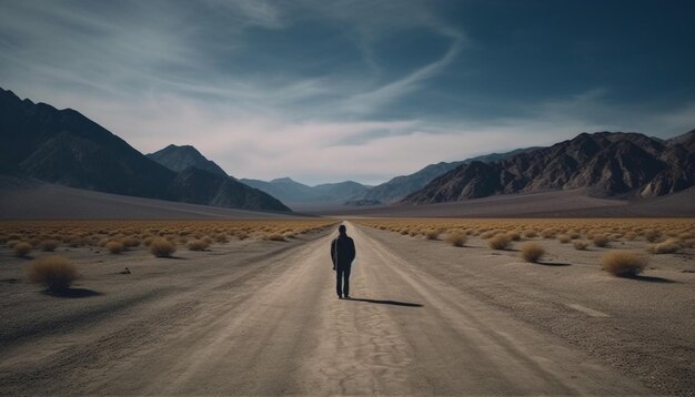 Uma pessoa andando sozinha explorando terrenos extremos e clima árido gerado por IA