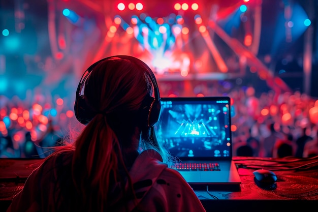 Uma pessoa assistindo a uma transmissão ao vivo de um concerto de música em seu laptop Uma mulher usando fones de ouvido usa o colo