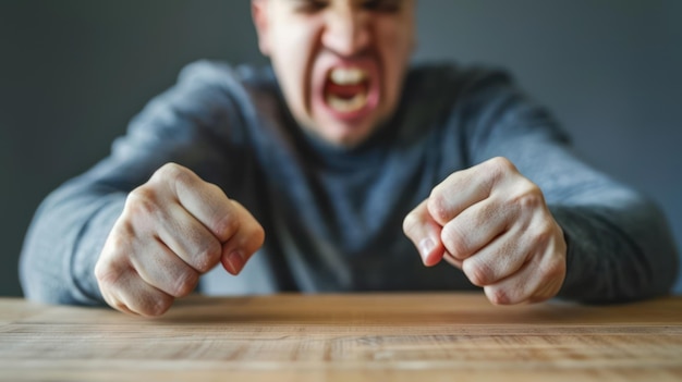 Uma pessoa batendo seus punhos em uma mesa com um olhar de fúria expressando raiva intensa