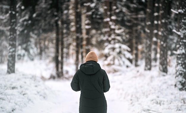 Uma pessoa caminha em uma floresta coberta de neve em um dia ensolarado de inverno Caminhando após a tempestade de neve