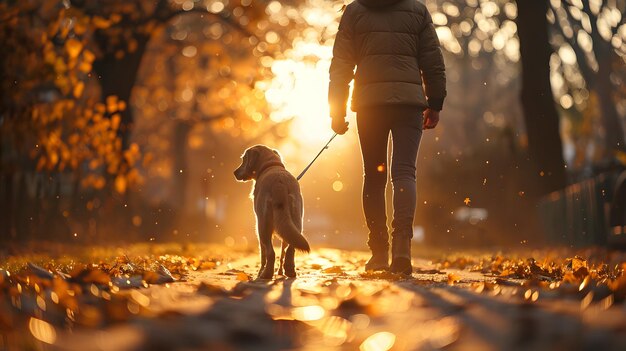 Foto uma pessoa caminhando com seu cachorro na serena luz da manhã encontrando paz e alegria através do ex daily