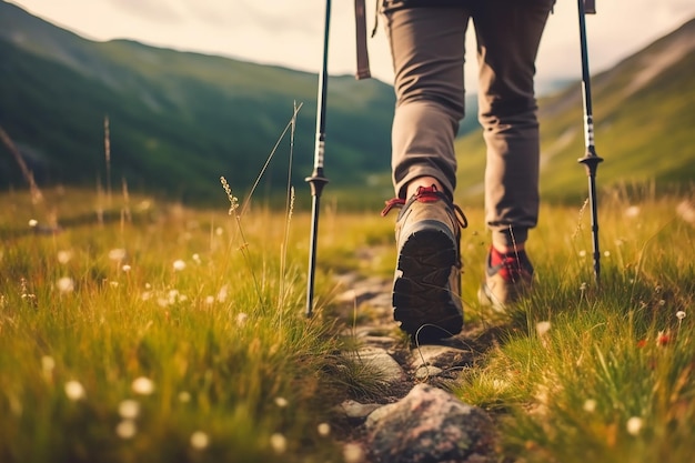 Uma pessoa caminhando em um campo com uma bengala