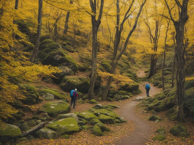 Uma pessoa caminhando em uma floresta de outono tranquila cercada de beleza na natureza