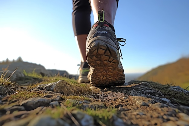 Foto uma pessoa caminhando em uma montanha com um tênis de corrida.