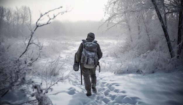 Uma pessoa caminhando em uma paisagem de inverno cercada pela natureza gerada por inteligência artificial