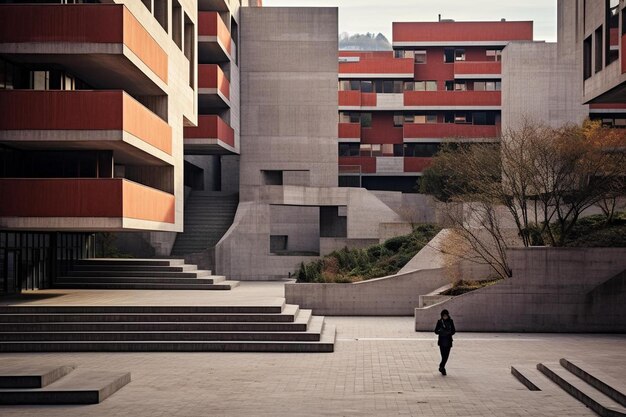 Foto uma pessoa caminhando na frente de um edifício com um edifício vermelho e branco ao fundo