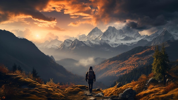 Foto uma pessoa caminhando no topo de um pico de montanha ao ar livre