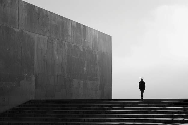 Uma pessoa caminhando pelas escadas em um edifício de concreto