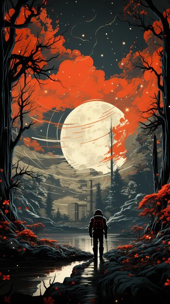 uma pessoa caminhando por um caminho em uma floresta com árvores e uma lua cheia