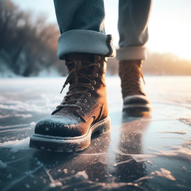uma pessoa caminhando sobre o gelo em um inverno frio feche os sapatos ai generativo