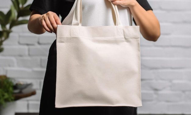 Uma pessoa carregando uma sacola de compras em branco maquete de bolsa de lona generativa ai