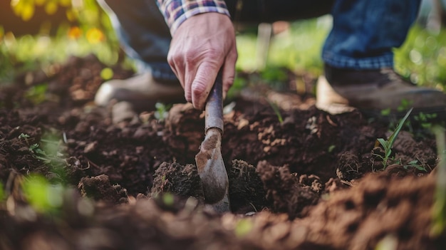 Uma pessoa cavando um buraco para plantar árvores em seu quintal abraçando a beleza e os benefícios de adicionar árvores às paisagens residenciais