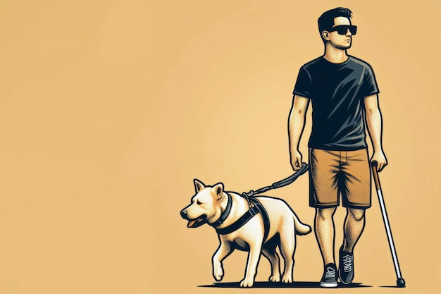 uma pessoa cego deficiente com óculos de sol pretos e um bastão de cana branca e um cão guia