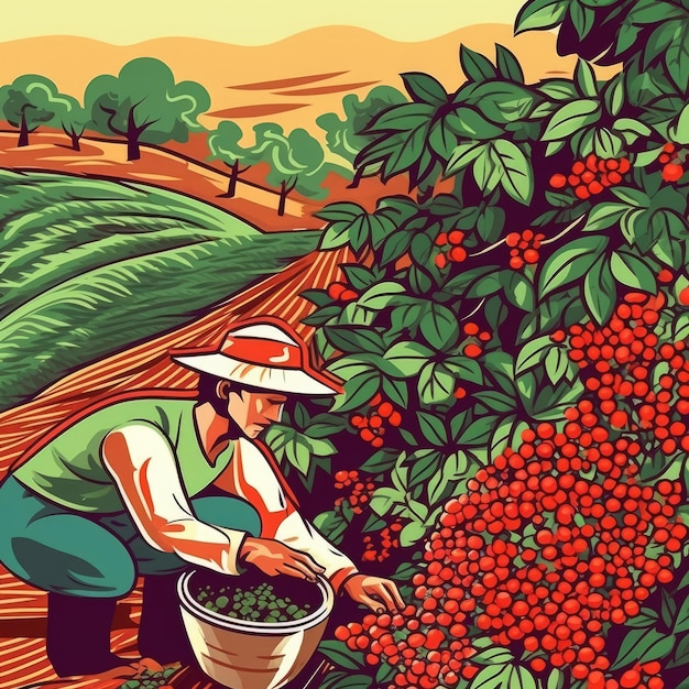 Uma pessoa colhe grãos de café vermelhos e verdes em uma plantação Generative AI