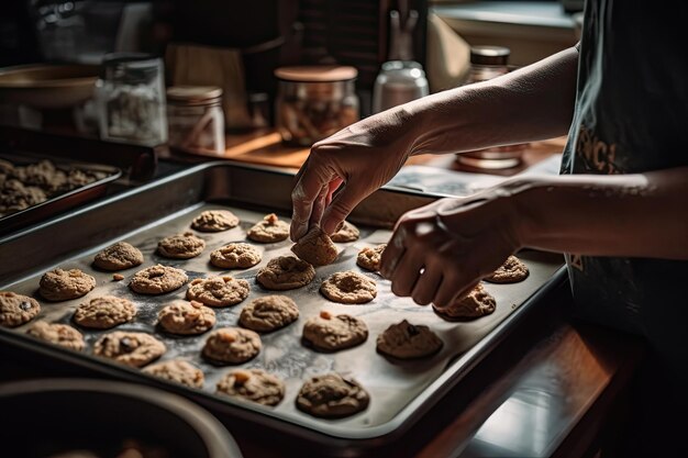 Uma pessoa colocando biscoitos em uma folha de assar