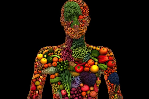 Uma pessoa com anatomia indefinida com o corpo dividido em partes cheias de frutas e vegetais em um estilo de bioart Generative AI