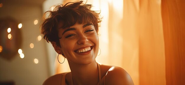 Foto uma pessoa com cabelo curto sorrindo e uma regata no estilo laranja e âmbar