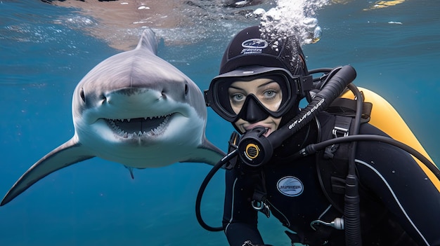 uma pessoa com equipamento de mergulho ao lado de um golfinho na água