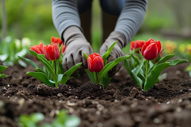 Uma pessoa com luvas plantando tulipa vermelha