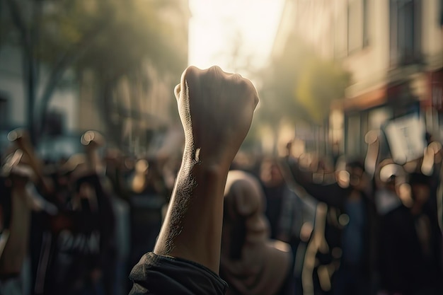 Uma pessoa com o punho no ar com a palavra protesto na frente