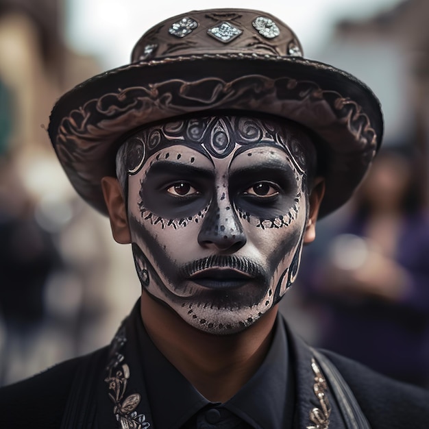 uma pessoa com o rosto pintado e decorado para o desfile do Dia dos Mortos