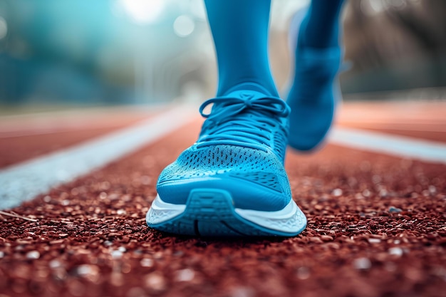 Uma pessoa com tênis azuis está parada na pista de corrida