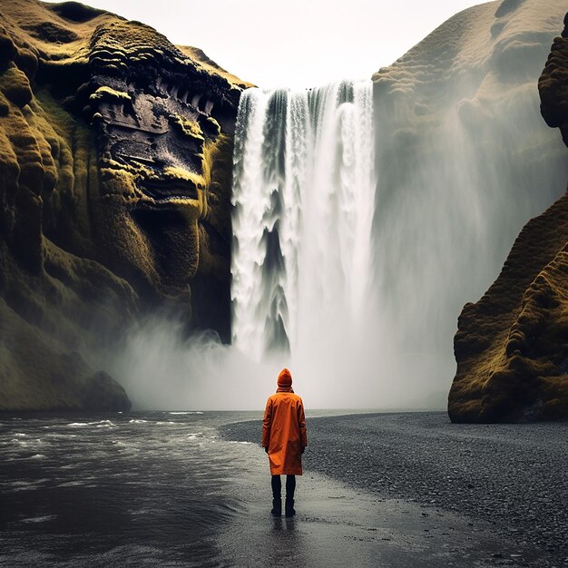 Uma pessoa com um casaco de chuva vermelho está em frente a uma cachoeira.