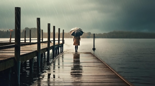 Uma pessoa com um casaco e um guarda-chuva está em uma doca na chuva.