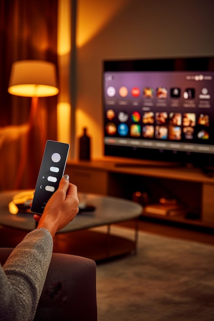 uma pessoa com um controle remoto para sua smart TV AI generativa