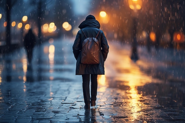Uma pessoa com um guarda-chuva transparente caminhando pela chuva