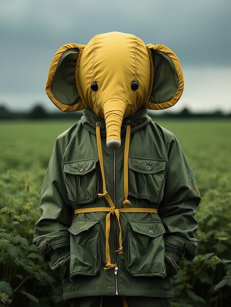 Foto uma pessoa com uma cabeça de elefante amarelo vestindo uma jaqueta amarela com uma alça amarela