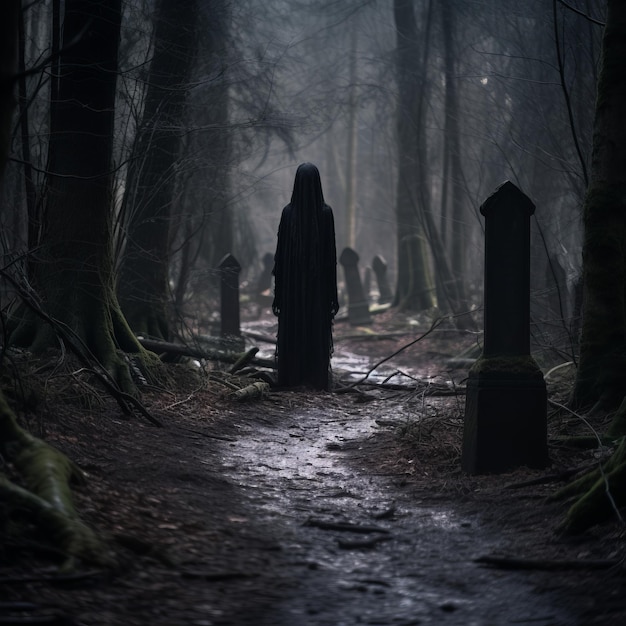 uma pessoa com uma capa preta parada no meio de uma floresta escura