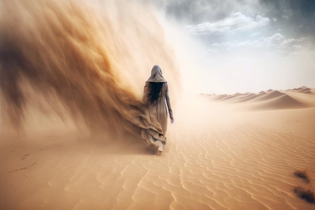 Uma pessoa com uma longa túnica caminha pelo deserto com areia ao vento.