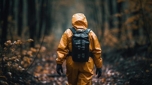 Uma pessoa com uma mochila caminha por uma floresta vestindo uma capa de chuva amarela.