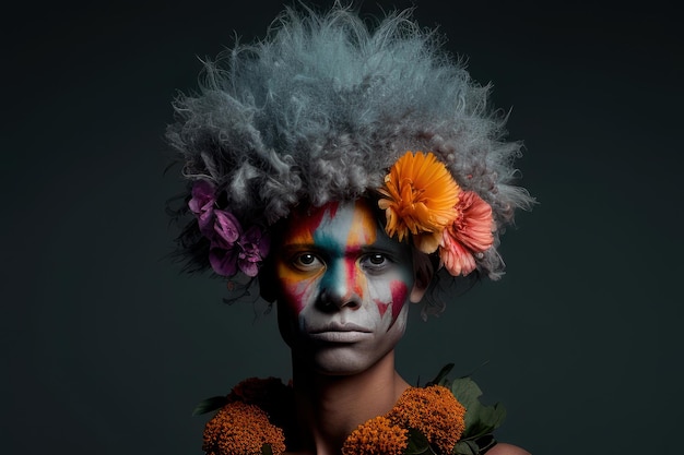 Uma pessoa com uma peruca e flores na cabeça