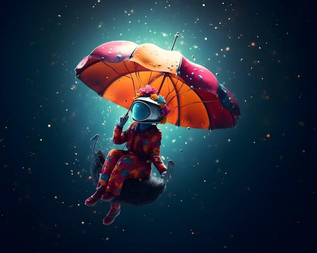 Uma pessoa com uma roupa colorida está sentada em um guarda-chuva com uma estrela.