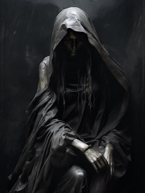 uma pessoa com uma túnica preta senta-se em frente a um fundo preto.