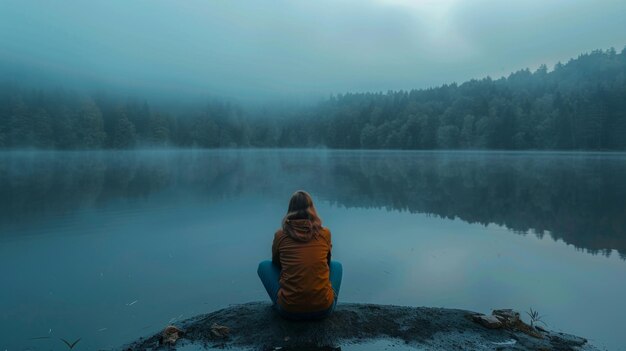 Uma pessoa contemplativa senta-se junto a um lago tranquilo