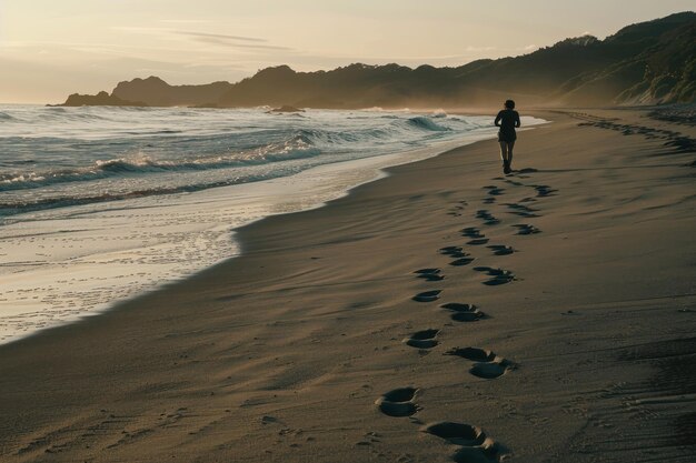 Uma pessoa correndo na praia ao amanhecer suas pegadas seguindo atrás deles na areia