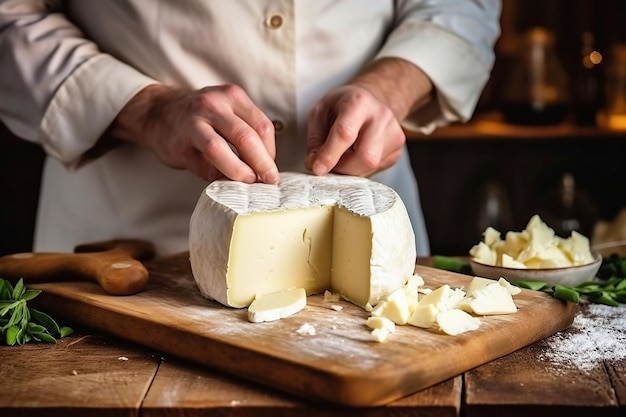 Uma pessoa cortando queijo em uma tábua Agricultor ou chef faz fatia de queijo