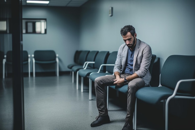 Uma pessoa de aparência triste, sentada sozinha em uma sala de espera, doença Generative AI