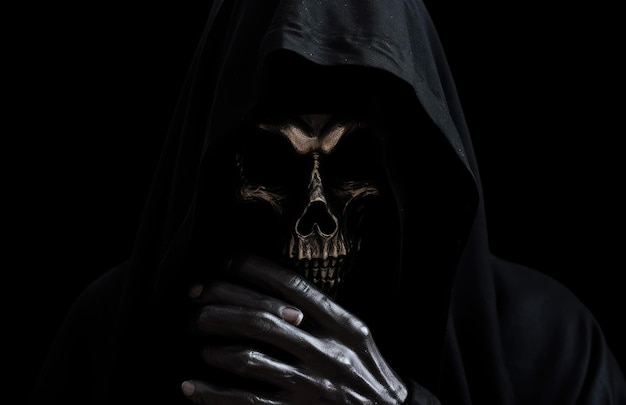 uma pessoa de capuz preto com cobertura de cabeça sombria no estilo de darkerrorcore