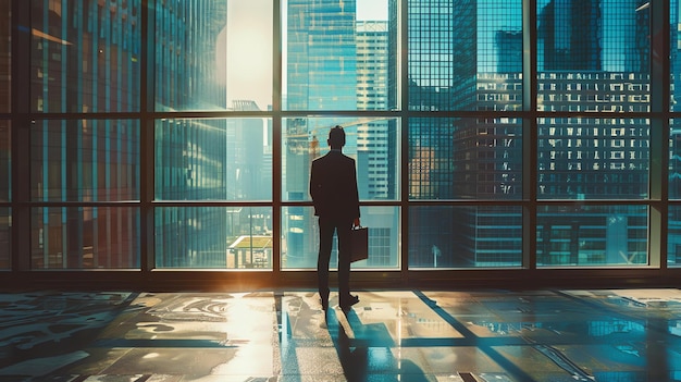 Uma pessoa de negócios de pé em um edifício de escritórios modernos olhando para a cidade