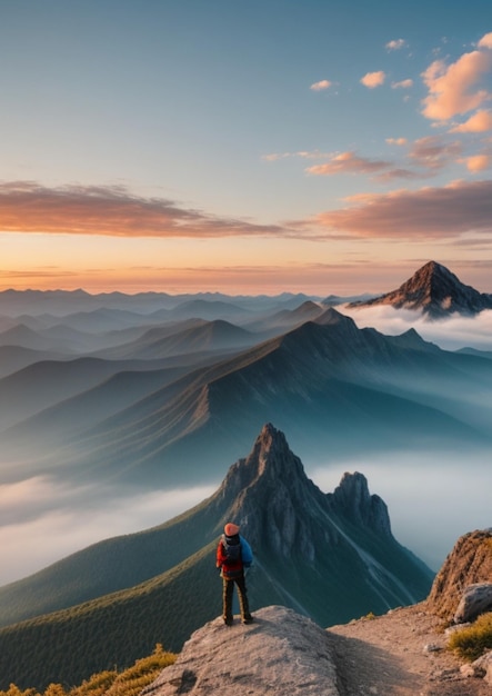 Foto uma pessoa de pé em um pico de montanha extrema gerada por ia