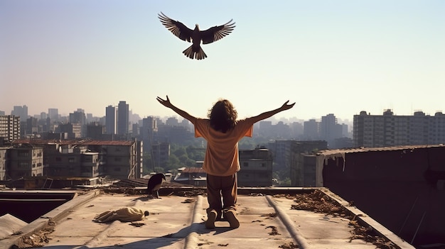 Foto uma pessoa de pé em um telhado com um pássaro voando no céu generative ai art