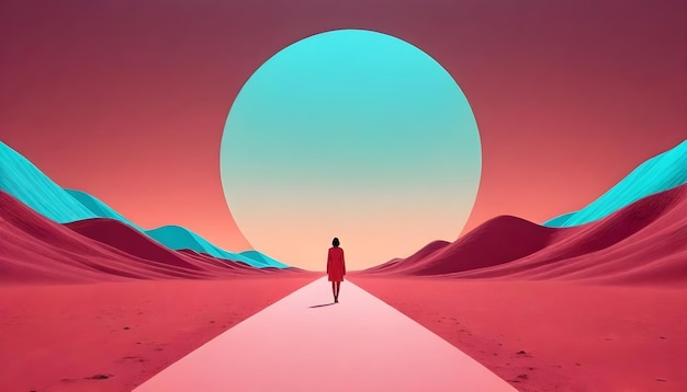 Uma pessoa de pé em um vasto deserto com areia rosa sob um grande surrealista
