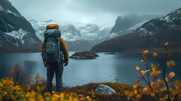 Uma pessoa de pé em uma colina com vista para um lago