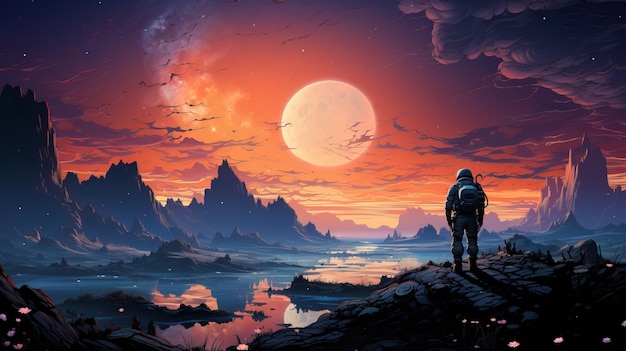 uma pessoa de pé em uma colina olhando para a lua